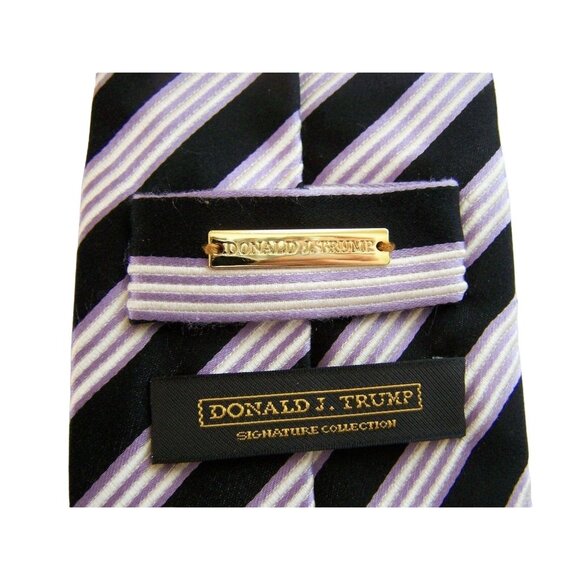 Donald Trump Mens Signature Collection Tie Black White Violet Striped 100% Silk - Picture 4 of 7